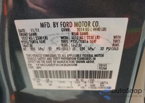 2012 Ford Escape Xlt z USA, uszkodzony, nr VIN 1FMCU0D7XCKB26556